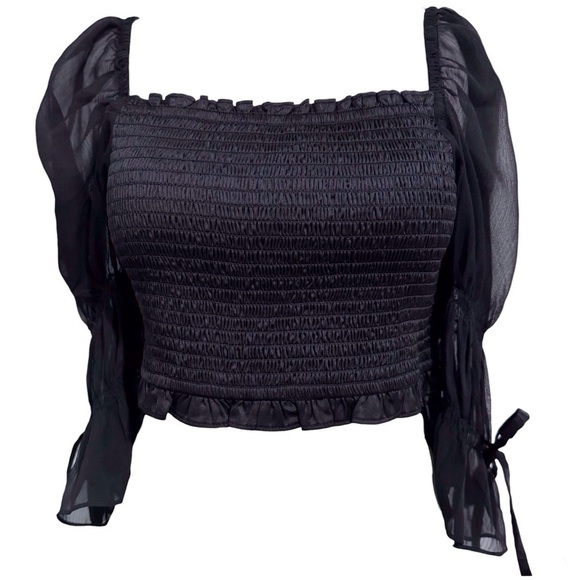 Urban Outfitters Black Smocked Crop Top Sheer Bubble Sleeve Blouse Medium - Picture 1 of 11